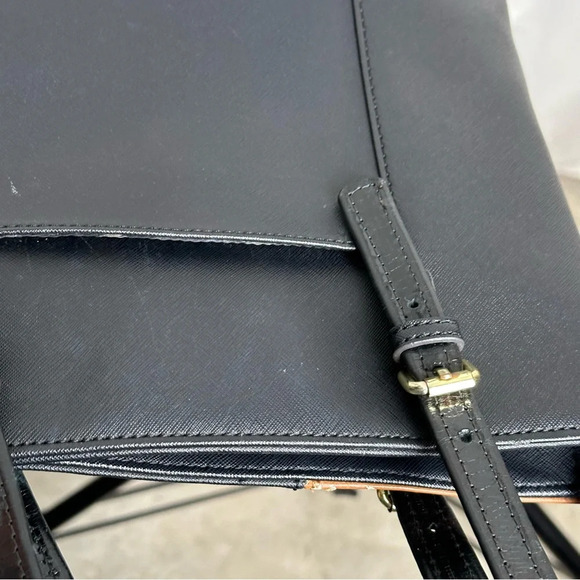 Anne Klein Black Tan Vegan Leather Shoulder Bag Patent Color Block Two Tone Faux - Picture 9 of 10